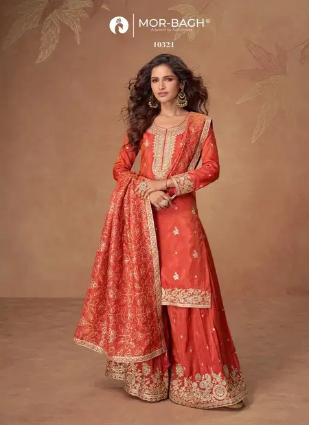 Orange Colour Radha By Aashirwad Mor Bagh Shimmer Silk Readymade Suits 10321 